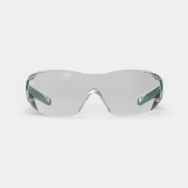 White and green MX225 planet series sustainable scratch-resistant safety glasses as shown from the front.