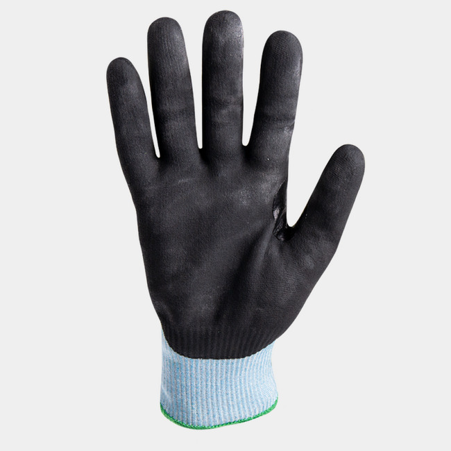 Palm view of Helix 3010 cut-resistant gloves, showcasing the PrimeFoam nitrile coating.
