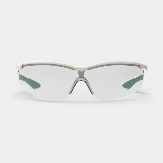 Green and white VS250 planet series sustainable scratch-resistant safety glasses as shown from the front.