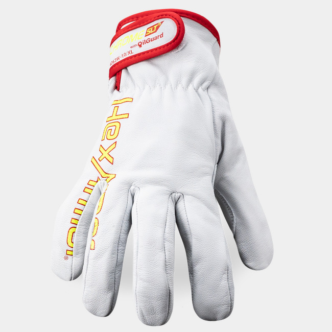 Back of hand view of Chrome SLT 4063W cold weather leather glove showcasing the hook and loop cuff.