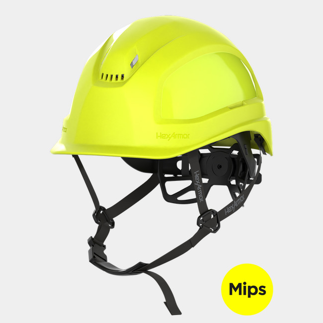 Ceros XP450A with Mips Hi-vis yellow vented safety helmet with chin strap.