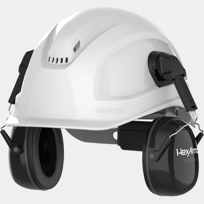 K-Series Ceros K1C hearing protection earmuffs from the side attached to a safety helmet.