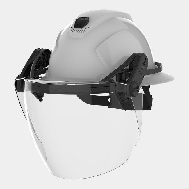 TruSpan® universal face shield in the active position on our full brim helmet, with face shield down.
