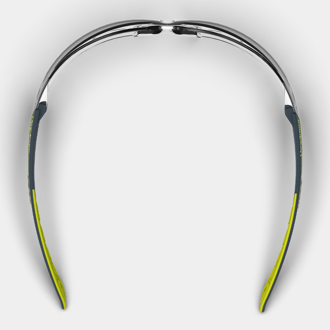 MX200 scratch-resistant safety glasses from the top-down showcasing the nose piece and temples.