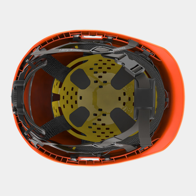 Ceros XP450A with Mips Hi-vis orange safety helmet showcasing the suspension system on the underside of the helmet.