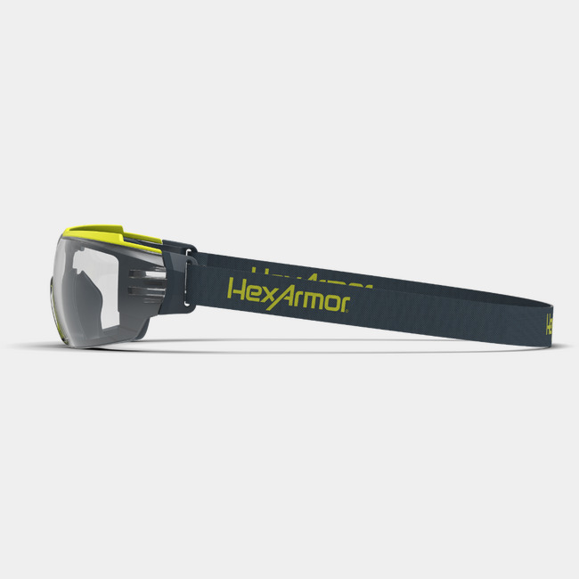 MX350 safety glasses from the side showcasing the HexArmor logo on the strap.