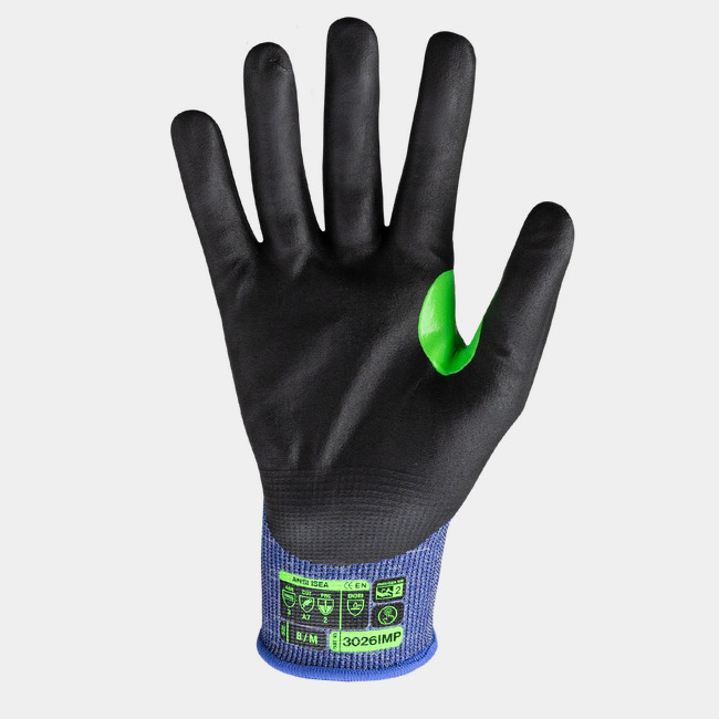 Palm view of Helix 3026IMP hi-vis work gloves showcasing the foam nitrile palm coating.
