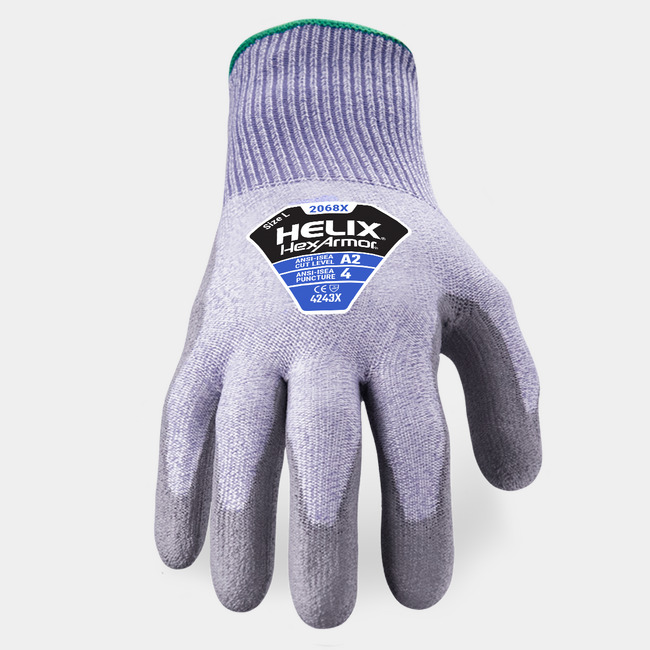 Back of hand view of Helix 2068X with electro static discharge properties, showcasing the glove label and HPPE/nylon blend shell.