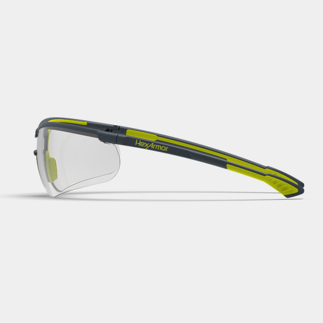 VS250 anti-fog safety glasses from the side showcasing the HexArmor logo on the frame.