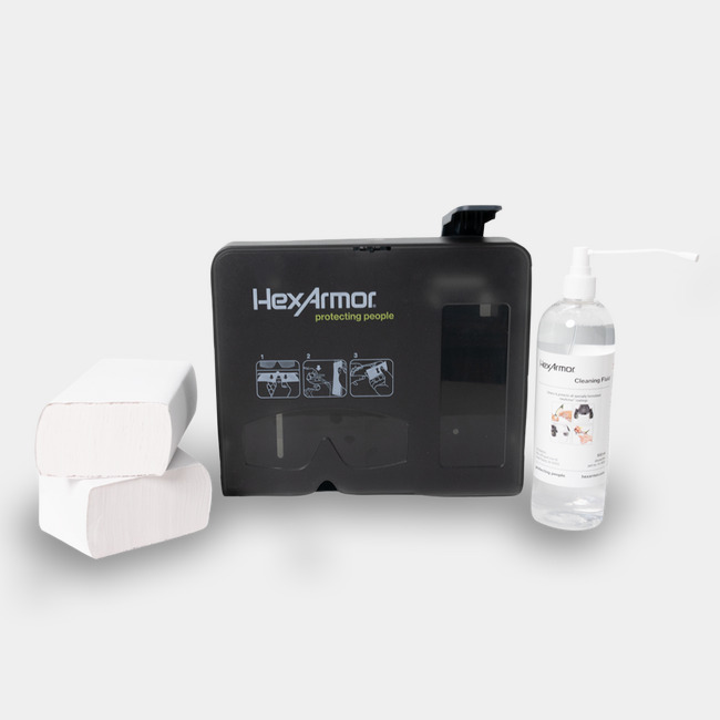 Wall mounted eyewear cleaning station showcasing lens wipes and lens cleaning solution.