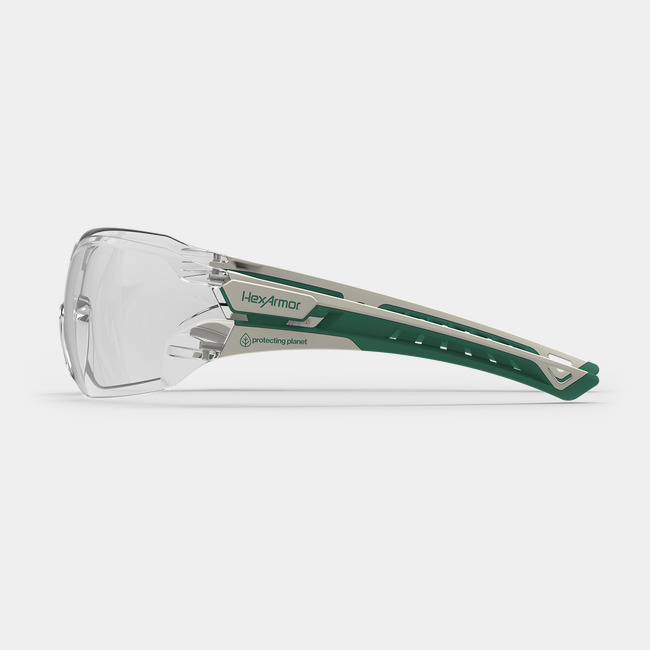 White and green MX225 planet series sustainable anti-fog safety glasses safety glasses from the side showcasing the HexArmor logo on the frame.
