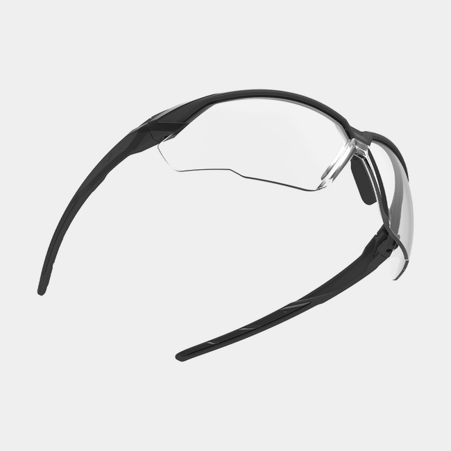 X1 safety glasses shown from the bottom-up at an angle showcasing the optical clarity of the lenses.