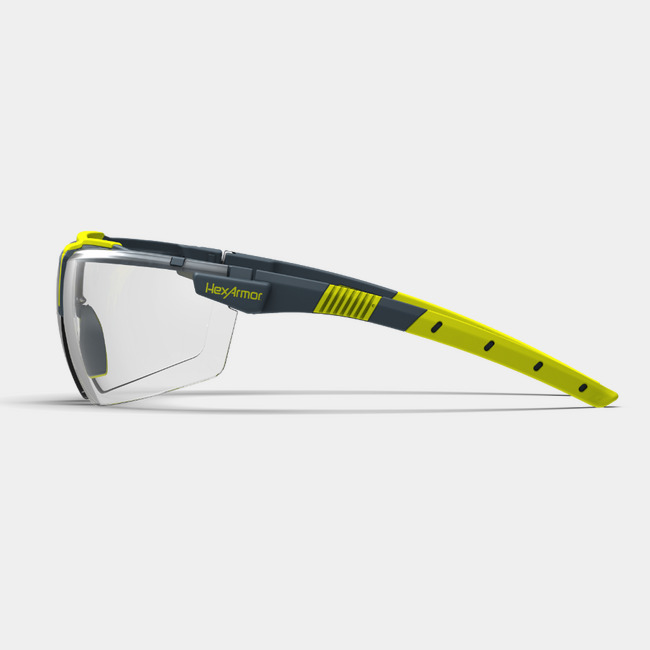 VS300 safety glasses from the side showcasing the HexArmor logo on the frame.