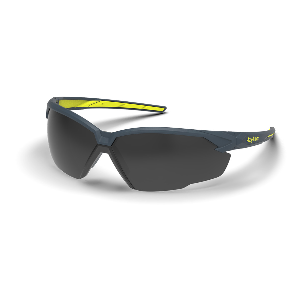 Grey and yellow NX1 weld shade safety glasses shown as they are sitting on a table.