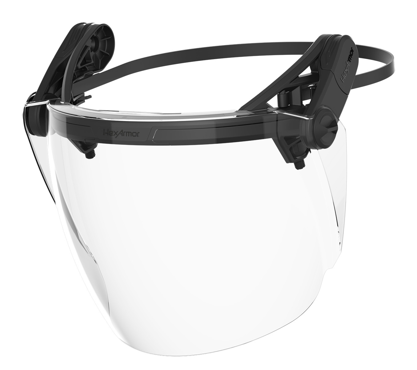 TruSpan® universal face shield in the active position, with face shield down and head ring in the back.