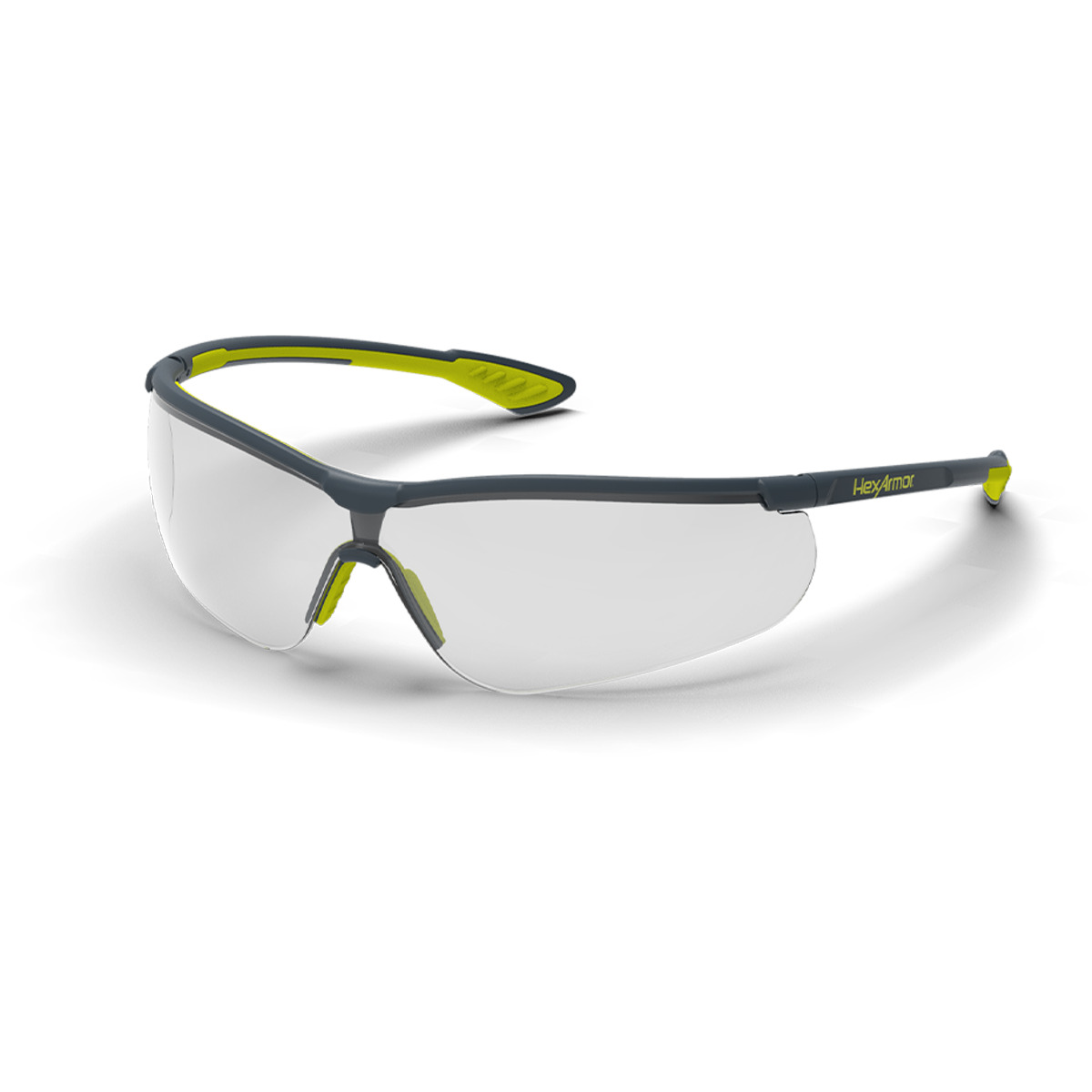 Grey and yellow VS250 anti-fog safety glasses shown as they are sitting on a table.