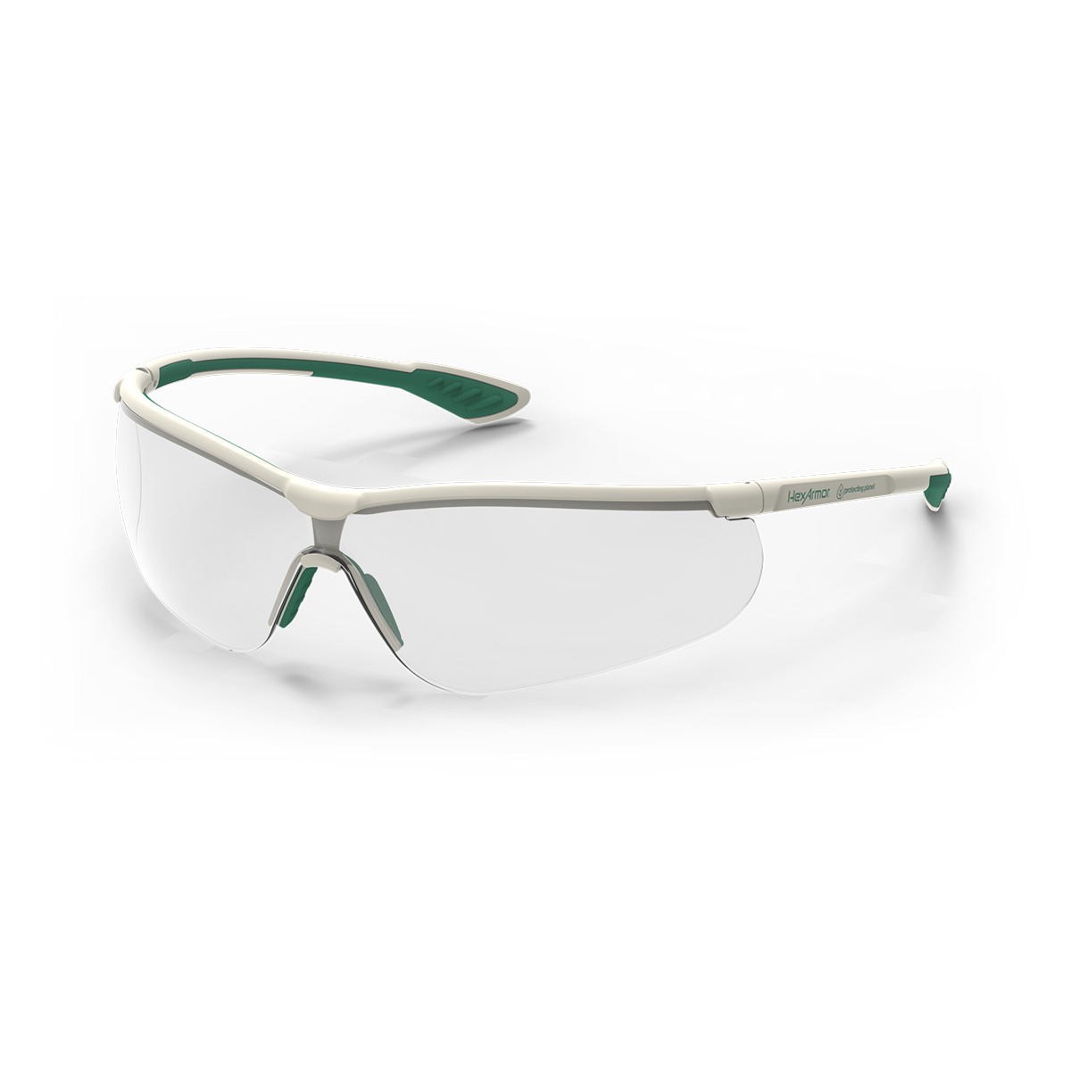 Green and white VS250 planet series sustainable anti-fog safety glasses shown as they are sitting on a table.