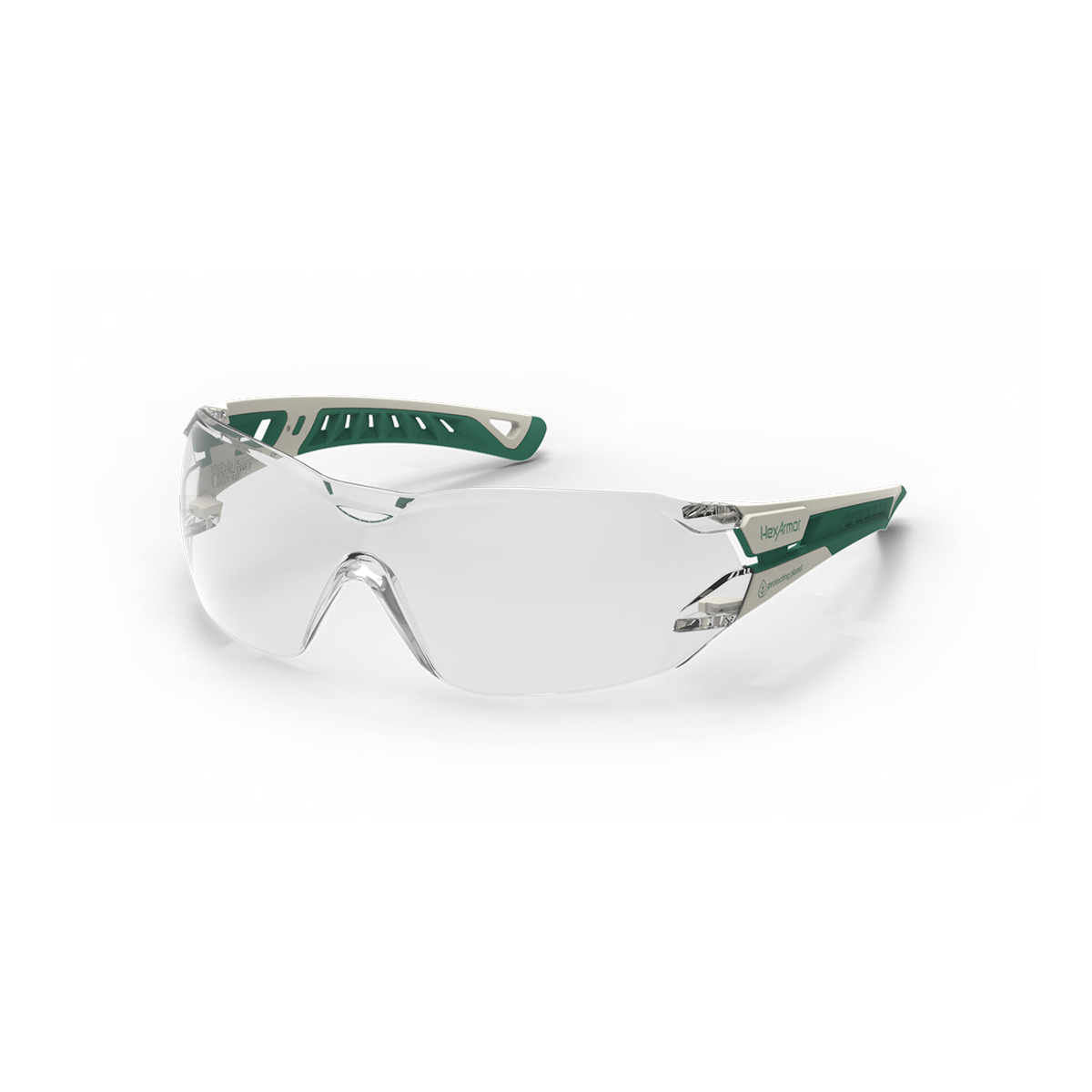 White and green MX225 planet series sustainable anti-fog safety glasses shown as they are sitting on a table.
