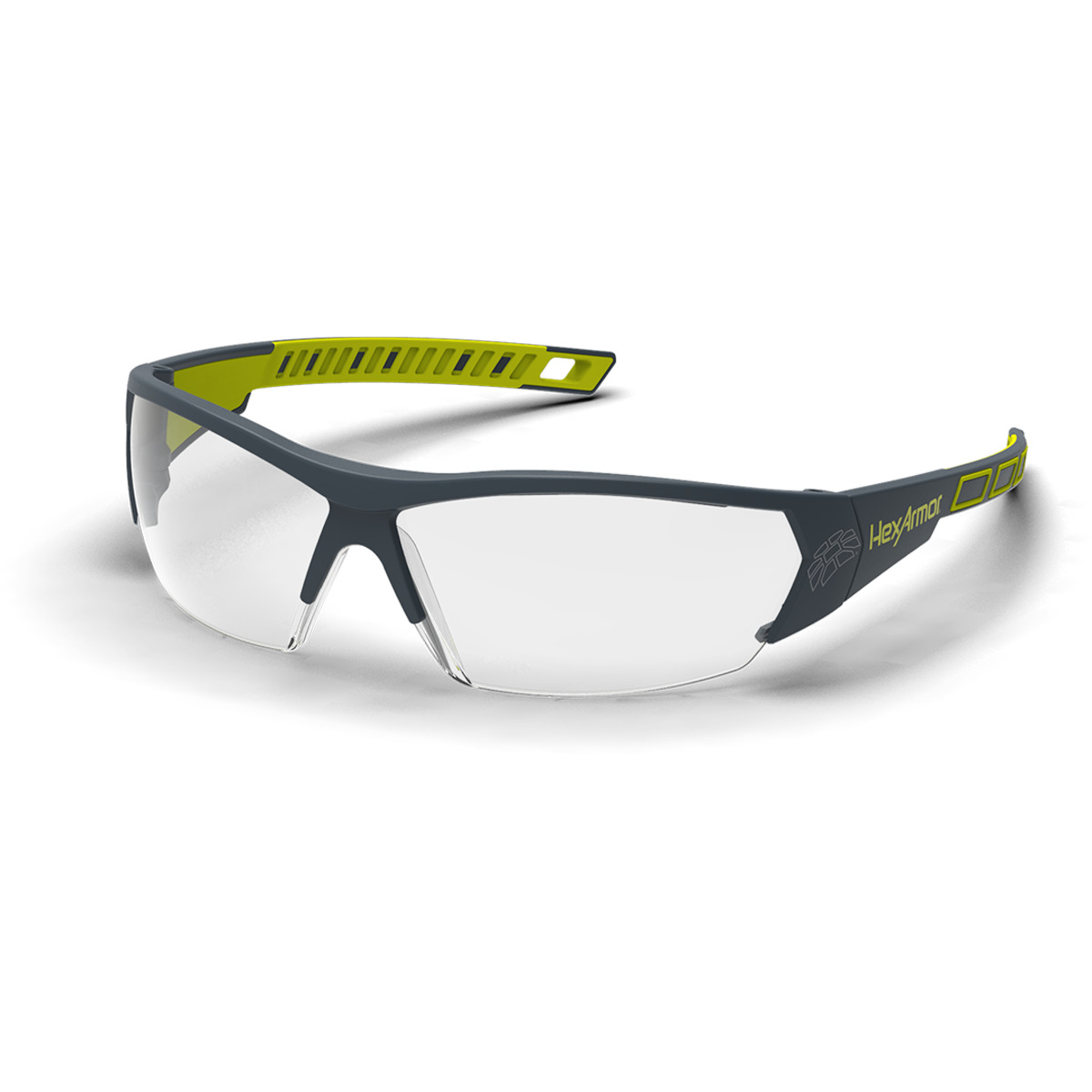 Grey and yellow MX250 anti-fog safety glasses shown as they are sitting on a table.